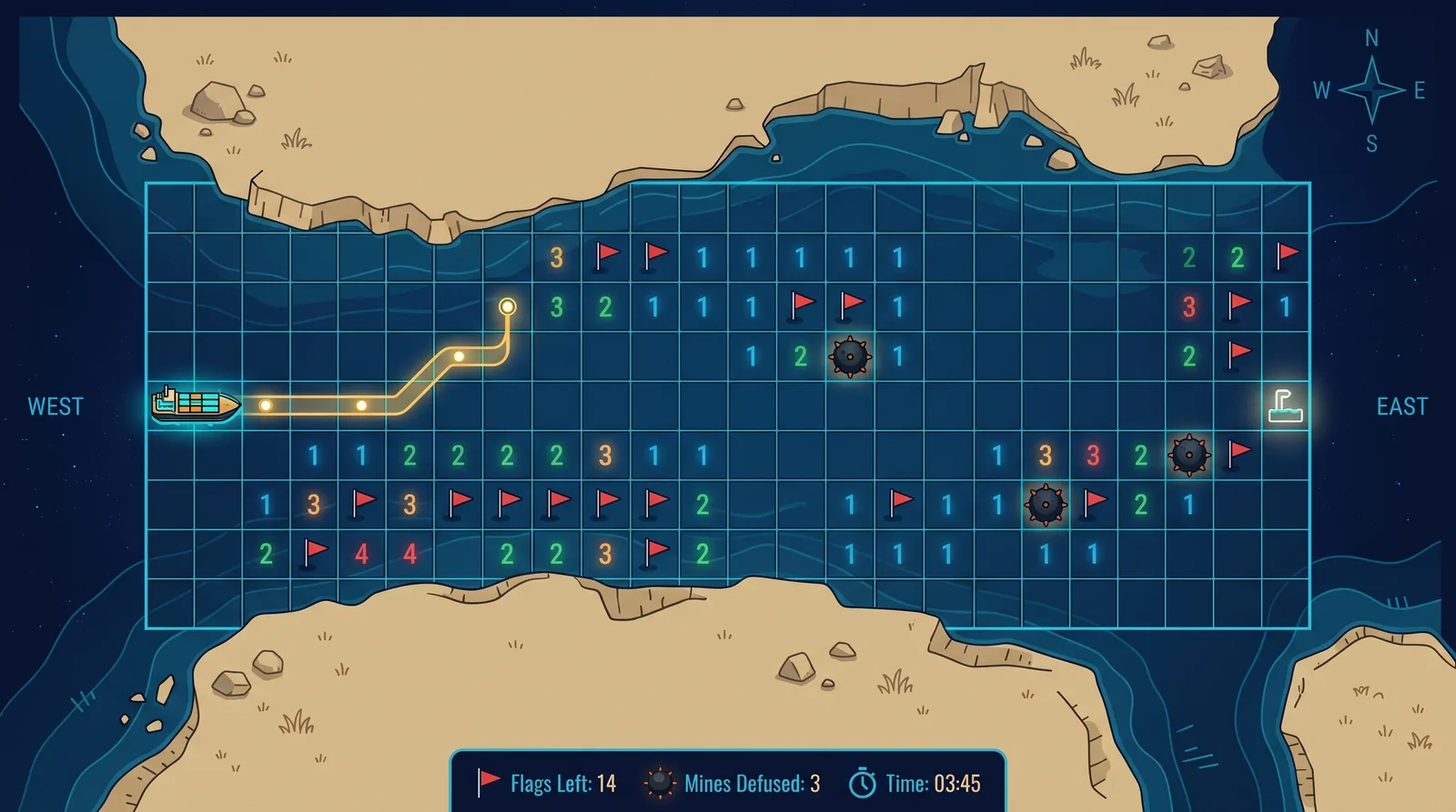The Strait of Hormuz game board — a grid of tan land and blue water shaped like the real strait, with revealed number tiles, flagged mines, and a cargo ship sailing a cleared channel toward the exit.